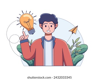 Illustration people findi solution or having brilliant idea depicted with a lightbulb shining brightly behind them, symbolizing of creativity and innovation.