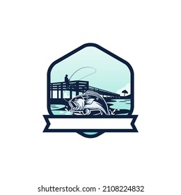 illustration of people fishing on the beach in a hexagon frame. fishing camp logo concept.