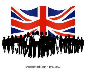 Illustration of people and flag
