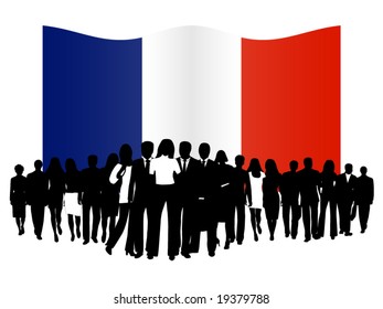 Illustration of people and flag