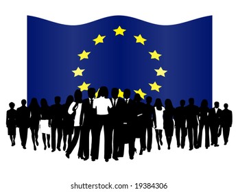 Illustration of people and flag