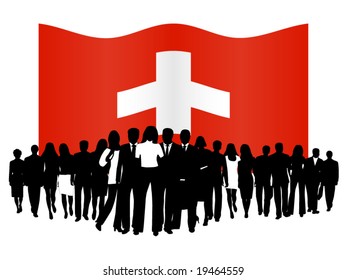 Illustration of people and flag