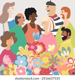 Illustration of people and flowers different races and religions. Celebration of an event. drawn in flat design. Images of people, people of different professions and age categories. 