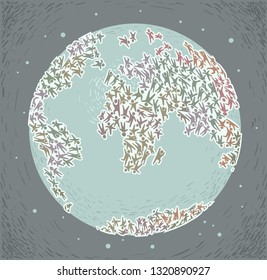 Illustration Of People Forming Islands Of The Earth. Overpopulation