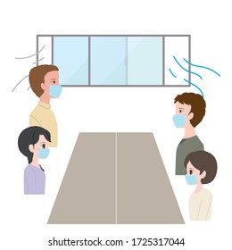 Illustration of people gathering with masks in a ventilated room with open windows.