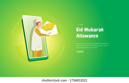 Illustration of people giving money allowance in an envelope or called thr with online mobile concept