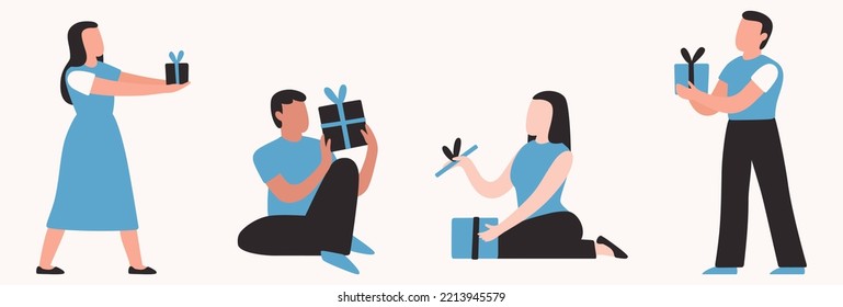 Illustration of people giving and receiving presents, unpack gifts, holiday set