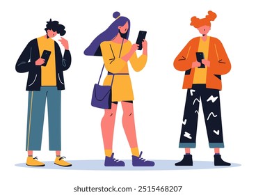 Ilustración de personas pegadas a sus teléfonos, que representa la adicción a la tecnología, la obsesión por las redes sociales y la falta de conexión con la vida real