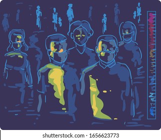 Illustration of People Going through Thermal Scanner Screen for Checking Temperature, Some Wearing Masks