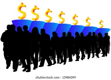 Illustration of people, graph and dollar