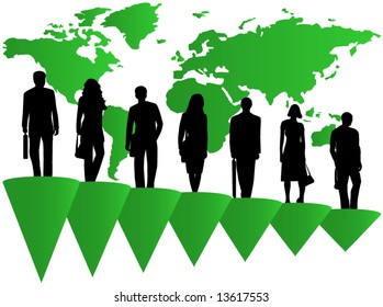 Illustration of people, graph and map