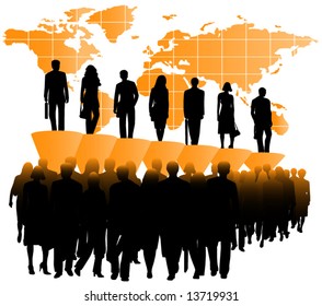 Illustration of people, graph and map
