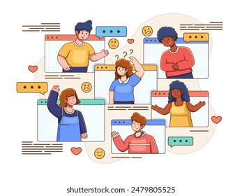 Illustration of people in group meet, joking, converse each other in group video call. Team or community meet in Online video call or video conference.
Suitable for social media, presentation, etc.