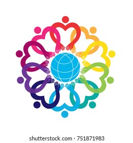 Illustration of people. A group of ten people in a circle. Vector graphic design. Hearts and dots. People in the circle. Flower ornament logo
