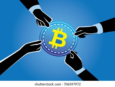 An illustration of people hands fight over bitcoin (crypto currency)