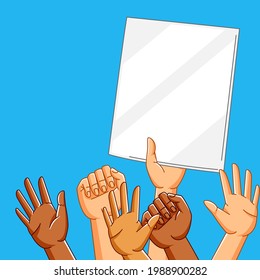 Illustration of people hands on demonstration or protest.