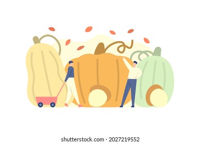 illustration of people harvesting agricultural products. harvest pumpkins and acorns. celebrating thanksgiving and fall. people activity. happy thanksgiving day. flat cartoon style. vector design