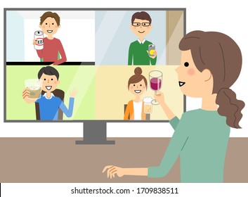 It is an illustration of people having a drinking party online.