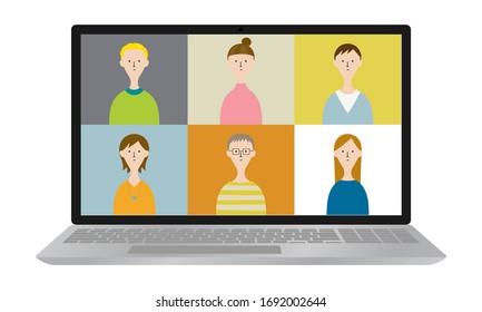 Illustration of people having an online meeting with a laptop.(Teleconference)