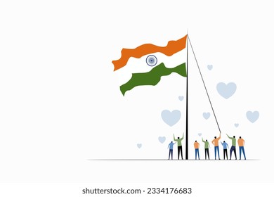 Illustration of people hoisting the Indian tricolour flag