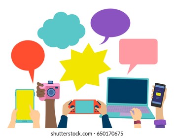 Illustration of People Holding Different Gadgets like Tablet, Camera, Console, Laptop and Cellphone with Speech Bubbles