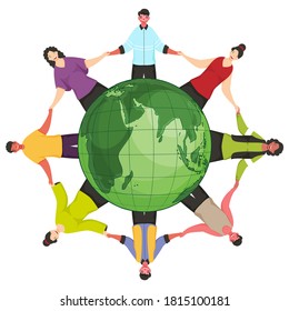Illustration of People Holding Hands Around The World on White Background for Save Earth Concept.