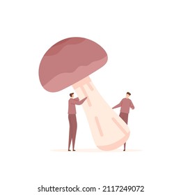 Illustration of people holding or harvesting Porcini mushrooms. premium pornici mushrooms. fungi and plants. flat cartoon style. vector concept design. landing page ui element