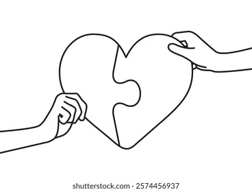 Illustration of people holding a heart-shaped puzzle. love, collaboration, tie, cords of love, relation, relationship