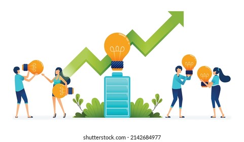 Illustration of people holding light bulbs discussing green batteries energy. increasing lithium needs for environmentally friendly energy. Can be used for website, mobile apps, poster, flyers, banner