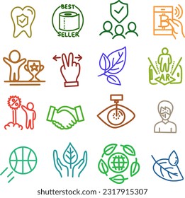 Illustration of people icons set. Included icon as eye laser, handshake, augmented reality signs, dental insurance, bitcoin pay, basketball and vector.