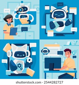 Illustration of people interacting with friendly robots in various settings, including a computer screen and holding documents. The robots have cat-like features and are depicted in a playful manner.