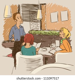 illustration with people in interior of cafe