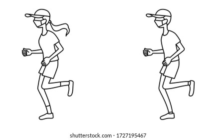 Ilustración de personas trotando mientras usan máscaras y mantienen distancia social (Line Art)