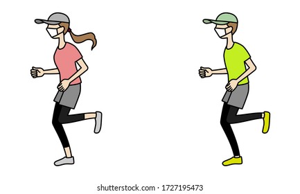 Illustration of people jogging while wearing masks and keeping social distance (color)