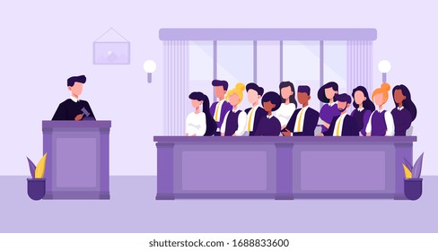 Illustration Of People, Judge And Courthouse In Jury Trial Concept. Vector Illustration