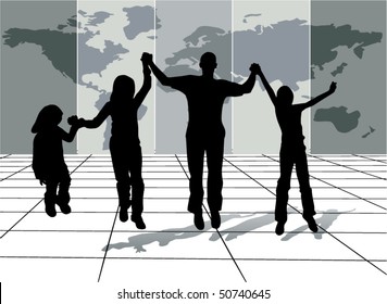 Illustration of people jumping and map svg