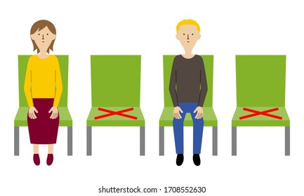 Illustration of people keeping social distance to prevent the spread of infectious diseases (color)