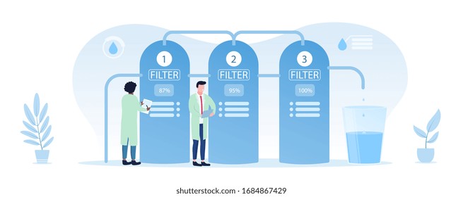 Illustration Of People In Lab Coats Taking Notes Beside Water Purification Filter. Vector Illustration