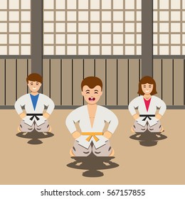 Illustration of people learning Karate inside of Dojo, Karate and Aikido Trainer