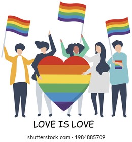 Illustration of people LGBT rights rainbow pride festival day characters June flat design style Vector Banner for Gay Pride Month 2021