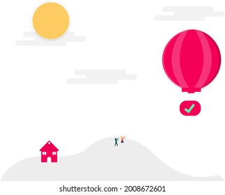 illustration people looking at hot air balloon in the daytime, there is a sun and a house. Vector illustrations