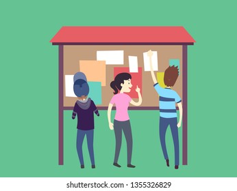 Illustration of People Looking at Posters Posted in a Community Bulletin Board