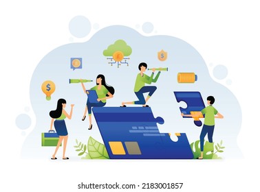 Illustration of people looking for solution and problem solving debt or loan. Brainstorming in finance and banking. Design can be for landing page website web poster banner flyer apps social media ads