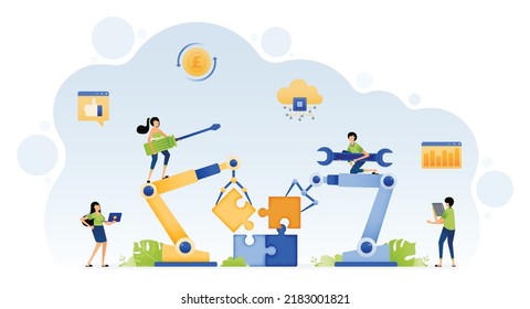 Illustration Of People Make Artificial Intelligence Tech With Machine Learning To Control Robot In Puzzle Problem Solving. Design Can Be For Landing Page Website Poster Banner Flyer Mobile App Web Ads