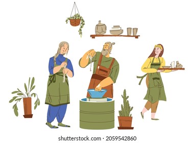 Illustration of people making pottery surrounded by flowers and a potter's wheel. Pottery master class. Ceramic kitchenware