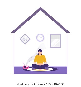 illustration of people meditating or yoga in the house while listening to music from the radio to be relaxed and comfortable. win the mind. flat design. can be used for elements, landing pages, UI.