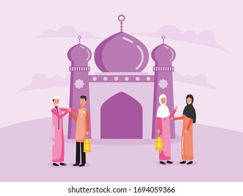 illustration of people meet in front of the mosque, they celebrate the holy month of ramadan 1441 H in 2020. muslim man, woman wearing culture cloth, hijab and lantern. islamic vector greeting card