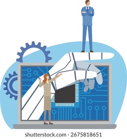Ilustração de pessoas avançando com robôs e tecnologia