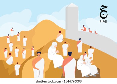 Illustration People Muslim Hajj pilgrimage walking to Arafat hill vector 