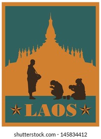 Illustration of people offering food to monk silhouette, vector